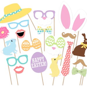 May include: A set of 14 Easter-themed photo booth props. The props include a bunny, a hat, glasses, a bow tie, a mustache, a tie, a flower, lips, eggs, and a sign that says "Happy Easter!"