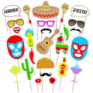 May include: A set of 15 colorful photo booth props with a Mexican fiesta theme. The props include a sombrero, maracas, a guitar, a piñata, a taco, a luchador mask, a cactus, a mustache, lips, and speech bubbles with the text "¡ARRIBA!" and "¡FIESTA!"