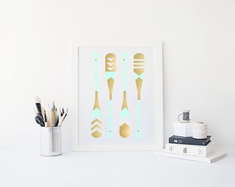 Instant Download Canoe Paddles Wall Art - Printable Wall Art - Cabin Decor - Mint Nautical Decor - Mint Gold Printable - Printable Wall Art