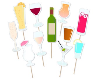 May include: A set of 10 colorful drink photo booth props, including a wine bottle, champagne flute, martini glass, and various cocktails. The props are printed on cardstock and have sticks attached for easy holding.