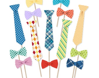 May include: A set of 10 colorful bow ties and neckties on sticks, perfect for a party or photo booth. The bow ties are in various patterns and colors, including green, blue, red, and yellow. The neckties are also in various patterns and colors, including plaid, polka dots, and stripes.