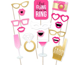 Printable Bachelorette Photo Booth Props - Hen Party Photobooth Props - Last Fling Before the Ring Props - Team Bride Gold Pink Black