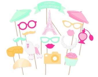 Printable Paris Birthday Photo Booth Props - Paris Photobooth - Parisian Birthday Instant Download Props - Joyeux Anniversaire Photo Booth