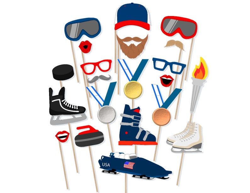 May include: A set of 12 winter sports themed photo booth props. The props include a hockey skate, a curling stone, a bobsled, a ski boot, a torch, a gold medal, a silver medal, a bronze medal, a pair of ski goggles, a pair of glasses, a mustache, a pair of lips, a baseball cap, and a pair of lips. The props are all on sticks and are ready to be used for a fun photo booth.