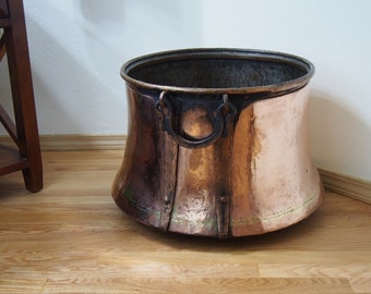 LARGE Antique COPPER CAULDRON/Log Bin w Copper Handle, Hand Forged Early 1800s