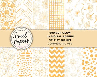Set of 12 Summer Glow Digital Papers, Orange flowers, Patterns Backgrounds, Paper Pack, Orange Color, Summer Colors, Scrapbook Digital Paper