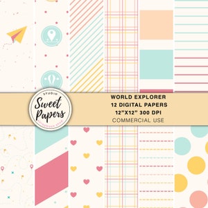 12 World Explorer Digital Papers, Airplanes, Vacation, Travel, Adventure, Journey, Tourism, Discover, Colorful Scrapbook Digital Papers