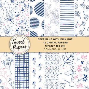 Set of 12 Deep Blue Digital Papers, Blue Flowers Digital Papers, Digital Patterns Backgrounds, Digital Paper Pack, Scrapbook Digital Paper