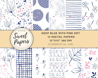 Set of 12 Deep Blue Digital Papers, Blue Flowers Digital Papers, Digital Patterns Backgrounds, Digital Paper Pack, Scrapbook Digital Paper