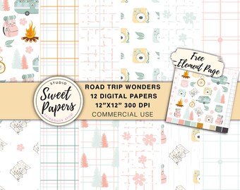 12 Camper Road Trip Scrapbook Paper Pack, Travel Themed Backgrounds for Vacation Memory Book, Planner, Journal, Card Making, Digital Papers