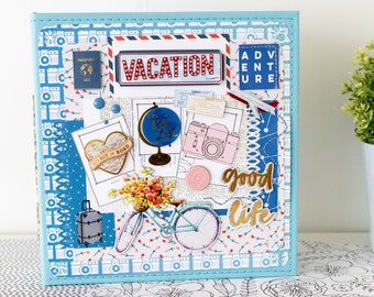 Vacation Faux Leather Photo Album, Personalized, Decorated, 6X8 Photo album, Blue Color, Adventure, Vacation Trip, Travel Themed Photo Album
