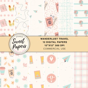 Set di 12 carte digitali da viaggio Wanderlust, aerei, vacanze, viaggi, avventure, viaggi, turismo, scopri, mappe, carta digitale per scrapbooking