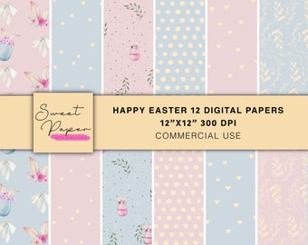 12 Easter Digital Papers, Bunny Digital Papers, Patterns Backgrounds, Scrapbook Paper, Digital Paper Pack, Scrapbooking Paper, Pink/Blue