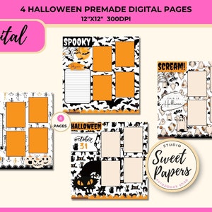 4 つのデジタル既製ハロウィーン ページ、不気味な季節、スクラップブック既製レイアウト、既製ページ、印刷可能な既製ページ