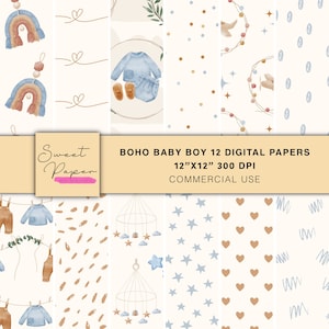 12 carte digitali Boho Baby Boy, carte digitali neutre, sfondi con motivi digitali, pacchetto di carta digitale, carta digitale per scrapbooking