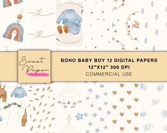 12 Boho Baby Boy Digital Papers, Neutral Digital Papers, Digital Patterns Backgrounds, Digital Paper Pack, Scrapbooking Digital Paper