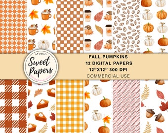 May include: Twelve digital papers featuring fall-themed patterns. The patterns include pumpkins, leaves, plaid, and coffee cups. The papers are 12 inches by 12 inches and 300 DPI.  The text "FALL PUMPKINS" is at the top of the image. The text "12 DIGITAL PAPERS" is below the text "FALL PUMPKINS". The text "12"X12" 300 DPI" is below the text "12 DIGITAL PAPERS". The text "COMMERCIAL USE" is below the text "12"X12" 300 DPI".