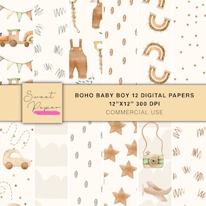 12 Boho Baby Boy Digital Papers, Neutral Digital Papers, Digital Patterns Backgrounds, Digital Paper Pack, Scrapbooking Digital Paper