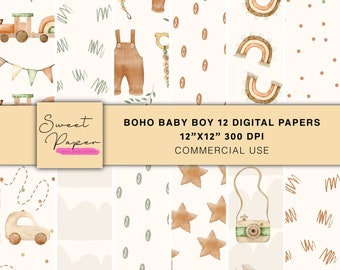 12 Boho Baby Boy Digital Papers, Neutral Digital Papers, Digital Patterns Backgrounds, Digital Paper Pack, Scrapbooking Digital Paper