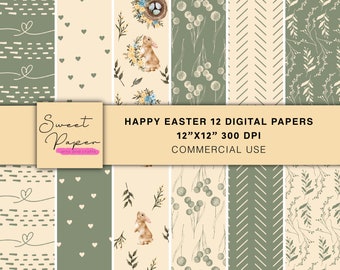 12 Easter Digital Papers, Bunny Digital Papers, Patterns Backgrounds, Scrapbook Paper, Digital Paper Pack, Scrapbooking Paper, Green/Beige