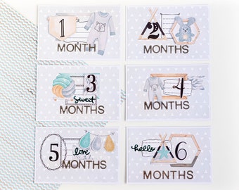 Baby milestone cards - Themed Baby Boy Pocket Cards/Journaling Cards/Project Life Cards - Set of 12 - 4"x 6" - baby monthly cards