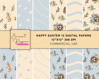 12 Easter Digital Papers, Bunny Digital Papers, Patterns Backgrounds, Scrapbook Paper, Digital Paper Pack, Scrapbooking Paper, Blue/Beige