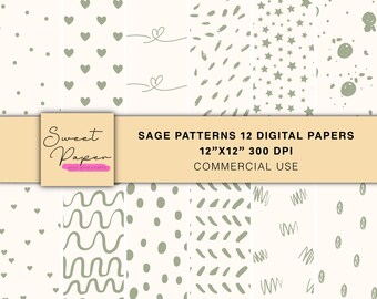 12 Sage Patterns Digital Papers, Neutral Digital Papers, Digital Patterns Backgrounds, Digital Paper Pack, Scrapbooking Digital Paper