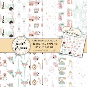 Lot de 12 papiers numériques de voyage parisien glamour, Paris de luxe, vacances, hôtel glamour, fête, tourisme, papier numérique de scrapbooking Paris