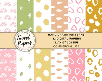 Set of 12 Hand Drawn Patterns, Doodle Digital Papers, Digital Scrapbooking Paper, Commercial Use