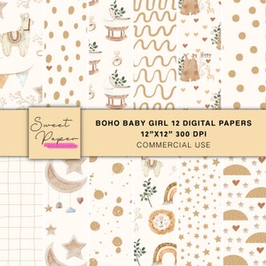 12 papéis digitais Boho Baby Girl, papéis digitais neutros, fundos de padrões digitais, pacote de papel digital, papel digital para scrapbooking