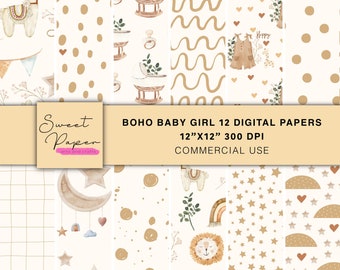 12 Boho Baby Girl Digital Papers, Neutral Digital Papers, Digital Patterns Backgrounds, Digital Paper Pack, Scrapbooking Digital Paper