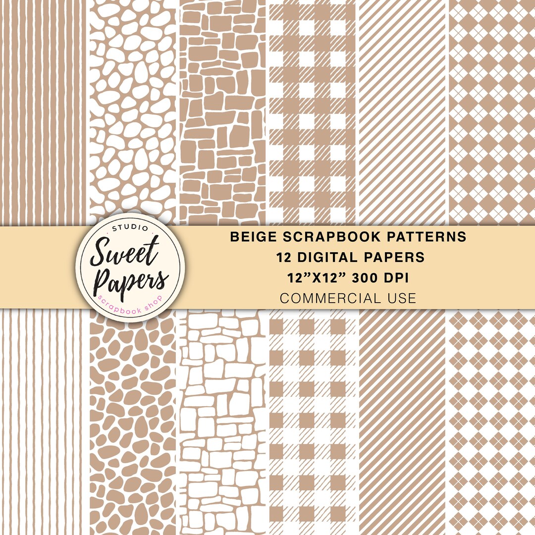 Set of 12 Beige Scrapbook Patterns, Neutral Colors, Doodle Digital ...