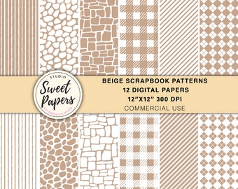 Set of 12 Beige Scrapbook Patterns, Neutral Colors, Doodle Digital Papers, Digital Patterns, Scrapbook Digital Papers