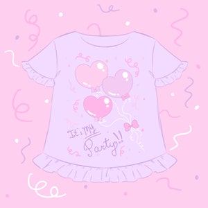 May include: A light purple t-shirt with a ruffled hem and short sleeves. The shirt features a design of three pink and purple heart-shaped balloons with bows and the text "It's my Party!!"