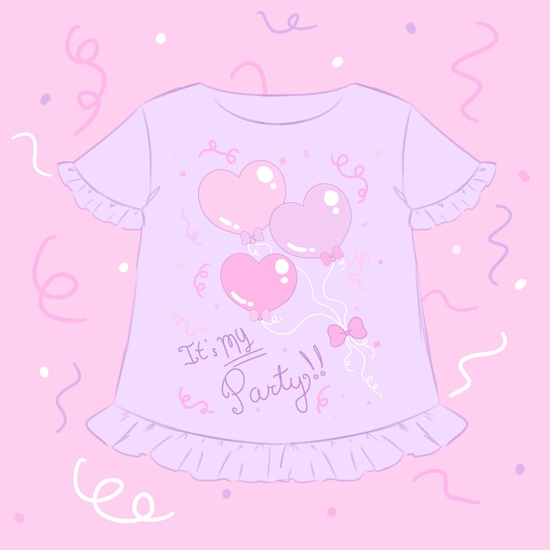 May include: A light purple t-shirt with a ruffled hem and short sleeves. The shirt features a design of three pink and purple heart-shaped balloons with bows and the text "It's my Party!!"
