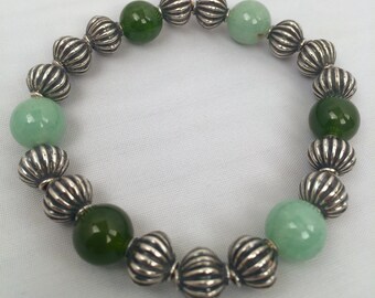 Oxidized Sterling Silver Bracelet with Aventurine and Nephrite Jade