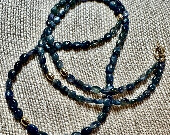 Natural Tumbled Blue Sapphire Necklace with 14K Gold Accents