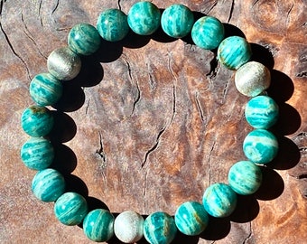 Green Amazonite and Brushed Sterling Bracelet