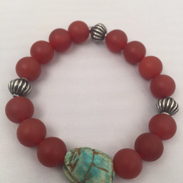 Matte Carnelian Bracelet with Oxidized Sterling Silver and Scarab