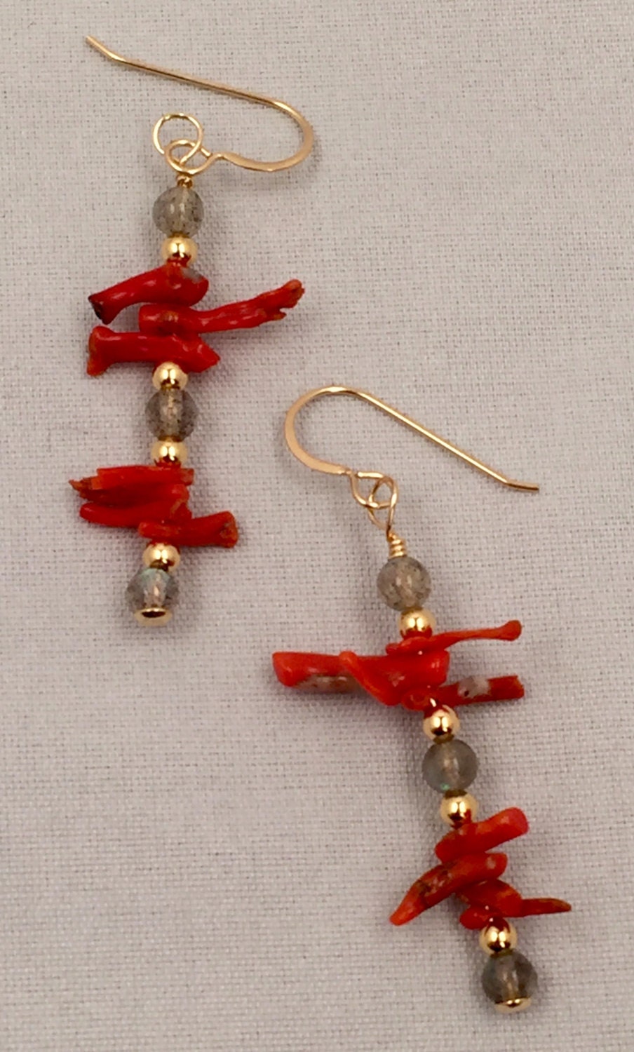 Natural Red Branch Coral and Labradorite Earrings With 18K - Etsy