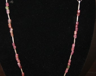 Barrel Shaped Pink and Green Tourmaline Necklace with Sterling Silver Accents and Sterling Silver Round Connectors