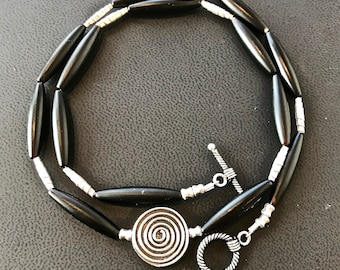 Matte Black Agate Sterling and Fine Silver Necklace