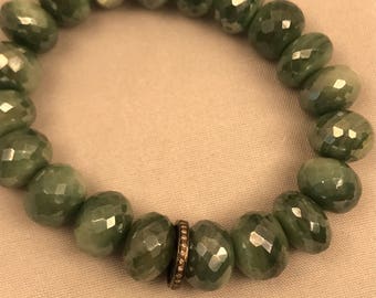 Natural Green Moonstone and Diamond Bracelet
