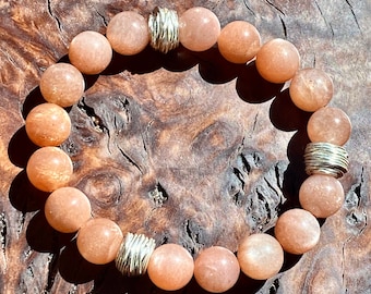 Peach Moonstone and Fine Silver Bracelet