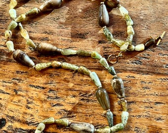 Long Necklace of Cone Shaped Petrified Wood Beads and Grossular Garnet Beads with 14K Accents