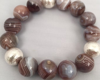 Peach Botswana Agate Bracelet with Brushed Sterling Silver Beads