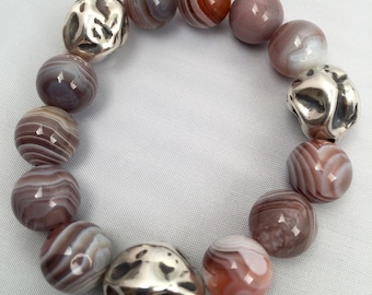 Peach Botswana Agate and Crinkled Sterling Silver Bracelet