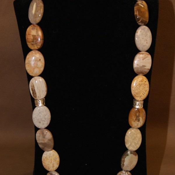 Petrified Wood and Fossil Coral Necklace with Brushed Sterling Silver Beads