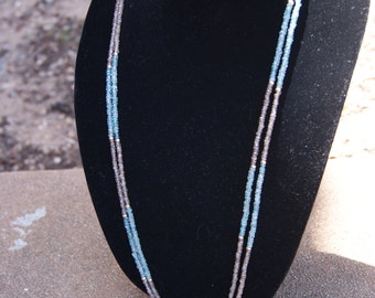 Long Double Strand Natural Blue and Brown Zircon Necklace with 14K Yellow Gold Accents and Clasp