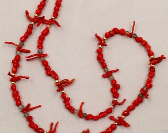 Natural Undyed Red Coral Branches and Nuggets Necklace with Labradorite and  18K Gold Accents